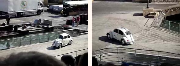 Como o show é num parque dedicado ao cinema, é feita uma encenação na qual o Herbie sofre um acidente e parte em dois... É obvio que é um equipamento de truque de filmagem, mas o público delira com esta apresentação
