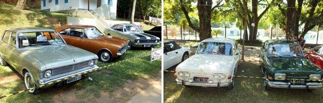 À esquerda: Opalas 1970 De Luxo, e 1972 Especial e SS. À direita, lindos VWs 1600