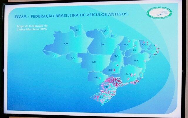Distribuição geográfica dos clubes filiados à Federação Brasileira de Veículos Antigos. Grande concentração no Sudeste e no Sul