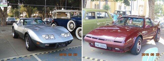 Diversos veículos em exposição entre eles Corvette e Miura
